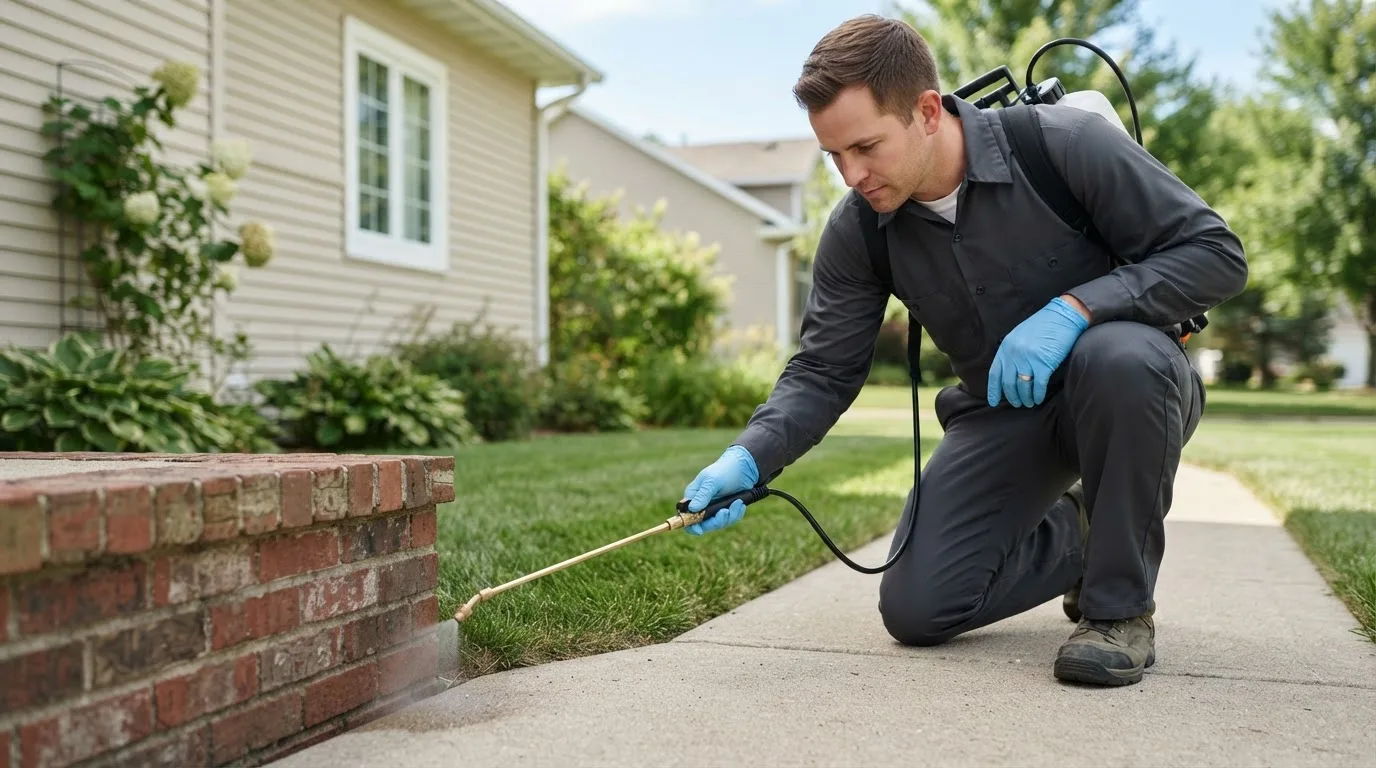 Pest control technician treating a home near Libertyville, IA