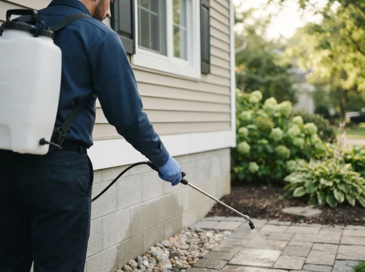Pest control technician inspecting a home in Libertyville, IA